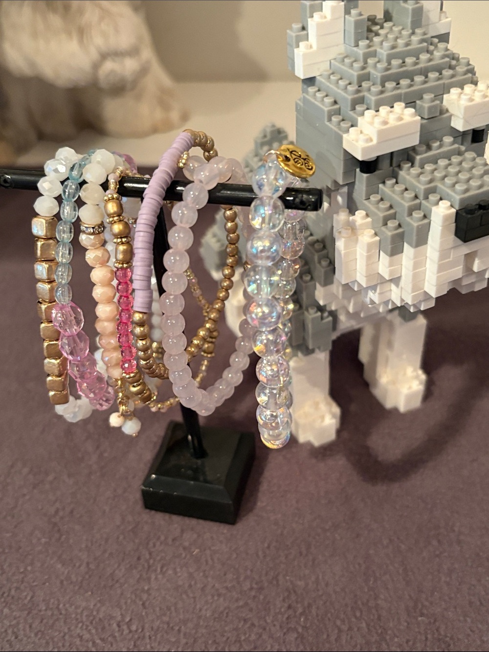 Set of Pink, iridescent & Gold Beaded Stretch Bracelets